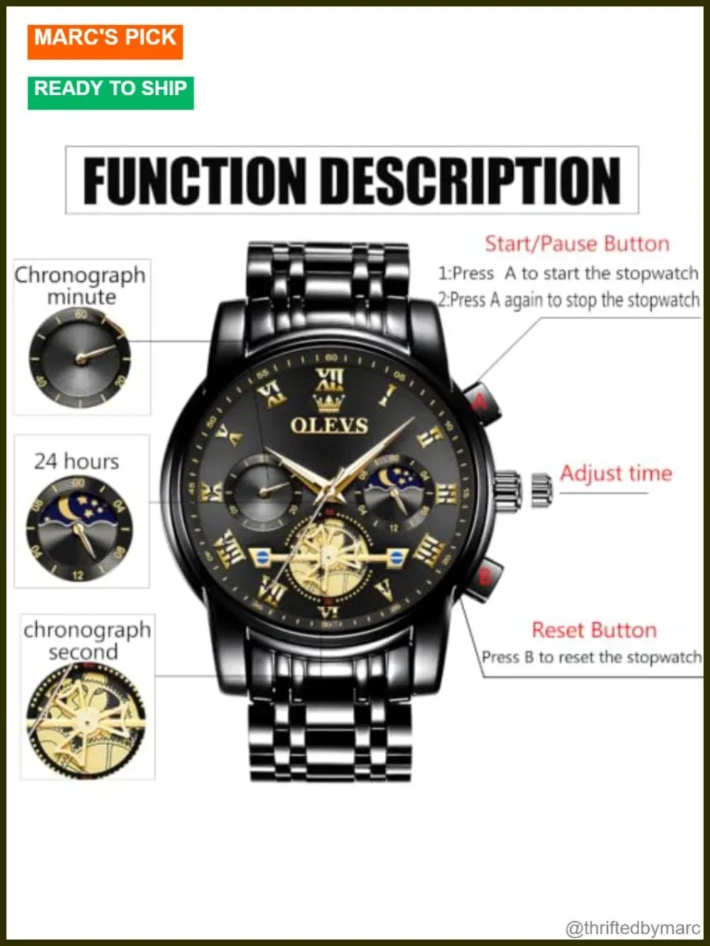 Luxury Big Face Chronograph Wristwatch for Men - Stainless Steel Quartz Dress